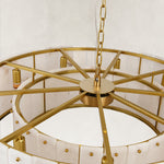 Single-tier panel chandelier, brass-tone upper support frame.