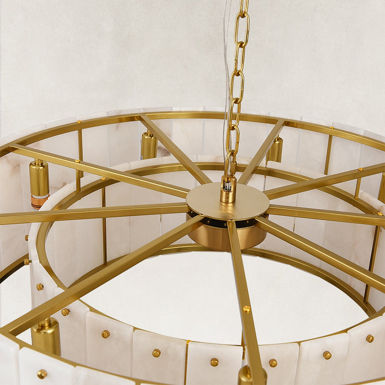 Single-tier panel chandelier, brass-tone upper support frame.