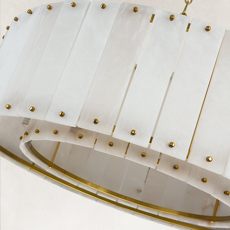 Single-tier panel chandelier, panel edge and brass-tone concentric frame.
