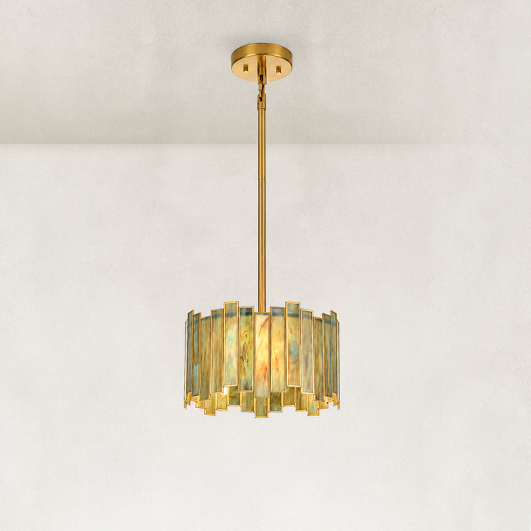 Stained Glass Drum Pendant Light 12.5" in Aged brass, complete fixture main