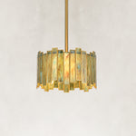 Stained Glass Drum Pendant Light 12.5" in Aged brass, complete fixture close view