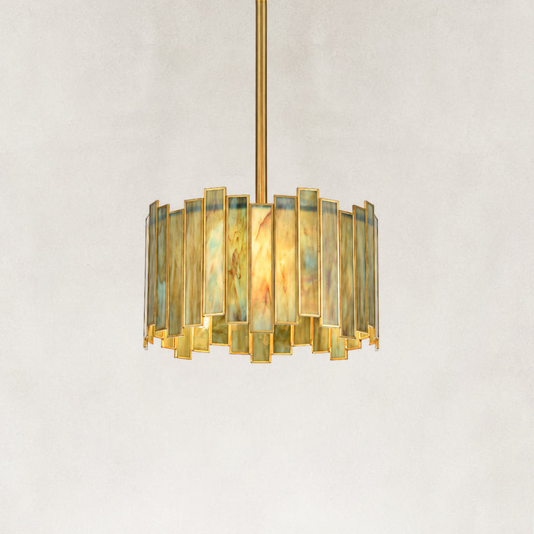 Stained Glass Drum Pendant Light 12.5" in Aged brass, complete fixture close view