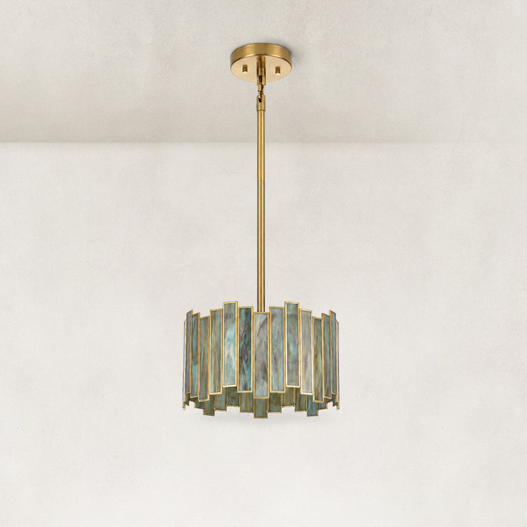 Stained Glass Drum Pendant Light 12.5" in Aged brass, complete fixture light off