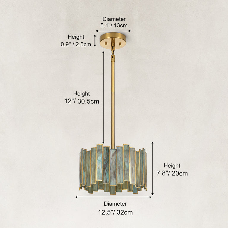 Stained Glass Drum Pendant Light 12.5" in Aged brass, dimension guide