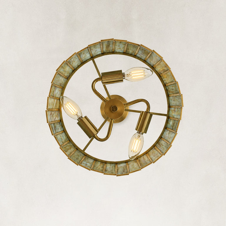 Stained Glass Drum Pendant Light 12.5" in Aged brass, underside detail