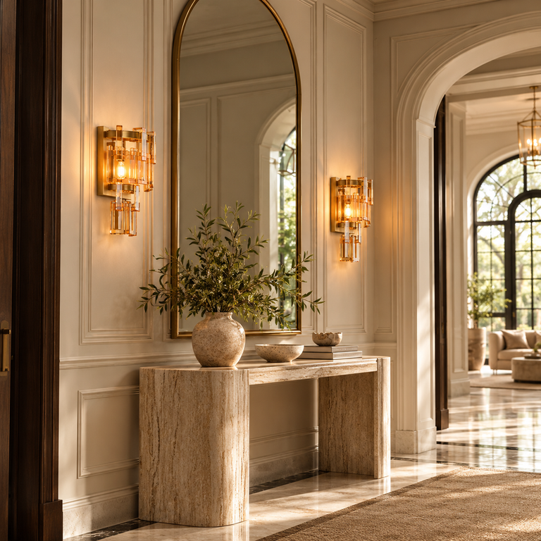 Amber crystal wall sconce shown in a furnished interior