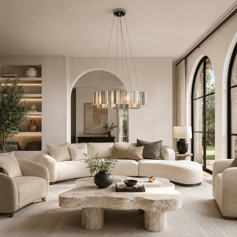 Striated Marble Double-Ring Chandelier 31.5" displayed in a furnished living room