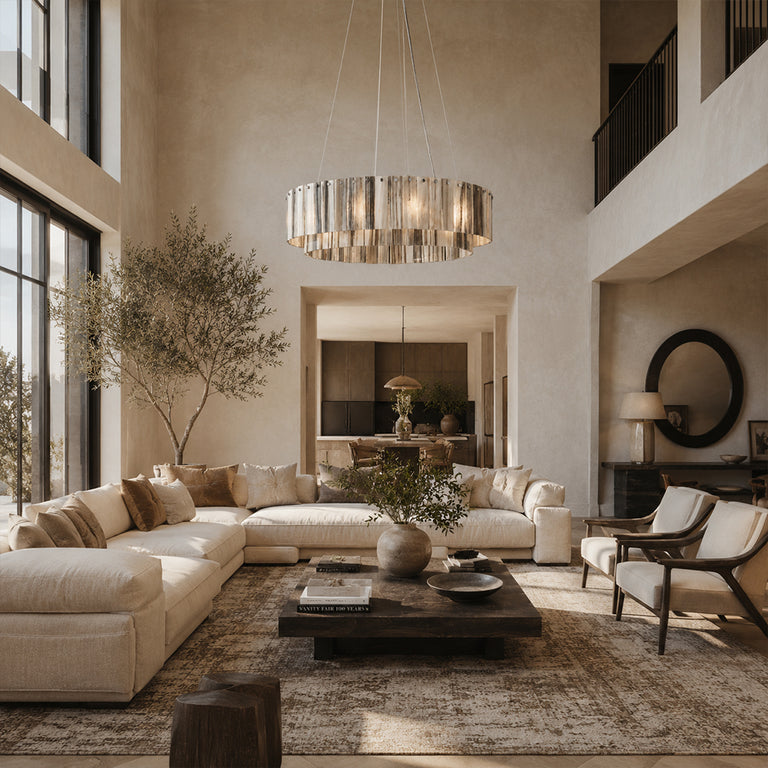 Striated Marble Double-Ring Chandelier 31.5" displayed in a furnished living room