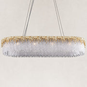 Gold-finish rectangular chandelier with a fringe of textured crystal glass