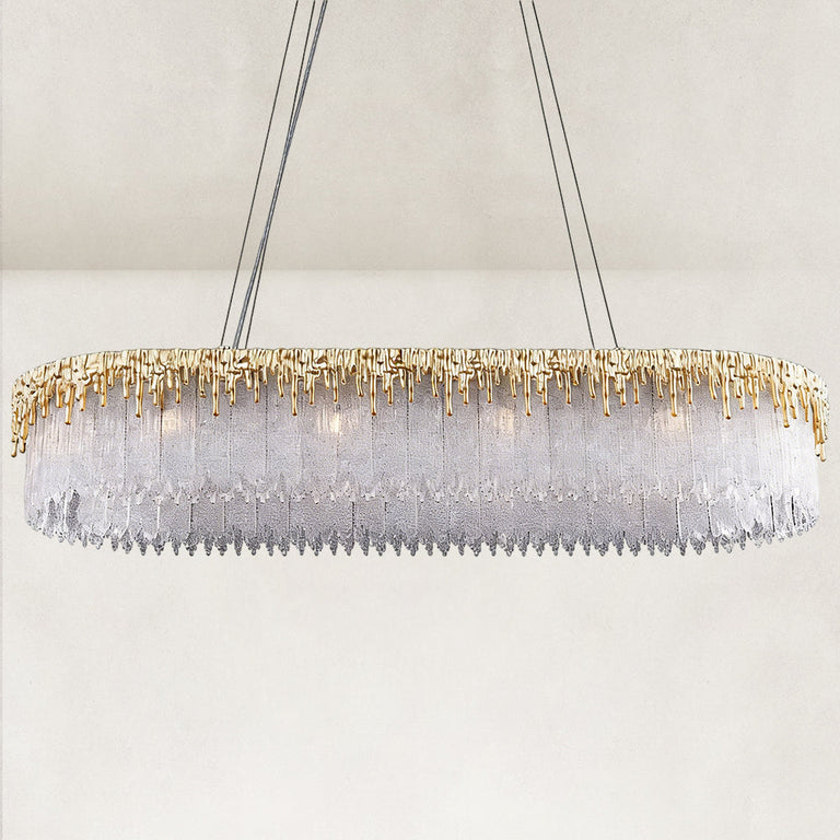 Gold-finish rectangular chandelier with a fringe of textured crystal glass