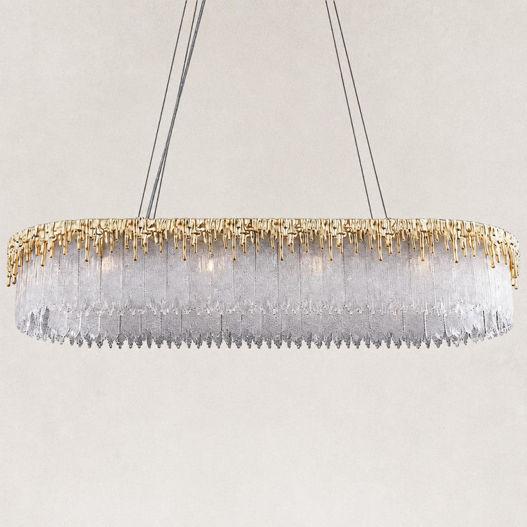 Gold-finish rectangular chandelier with a fringe of textured crystal glass