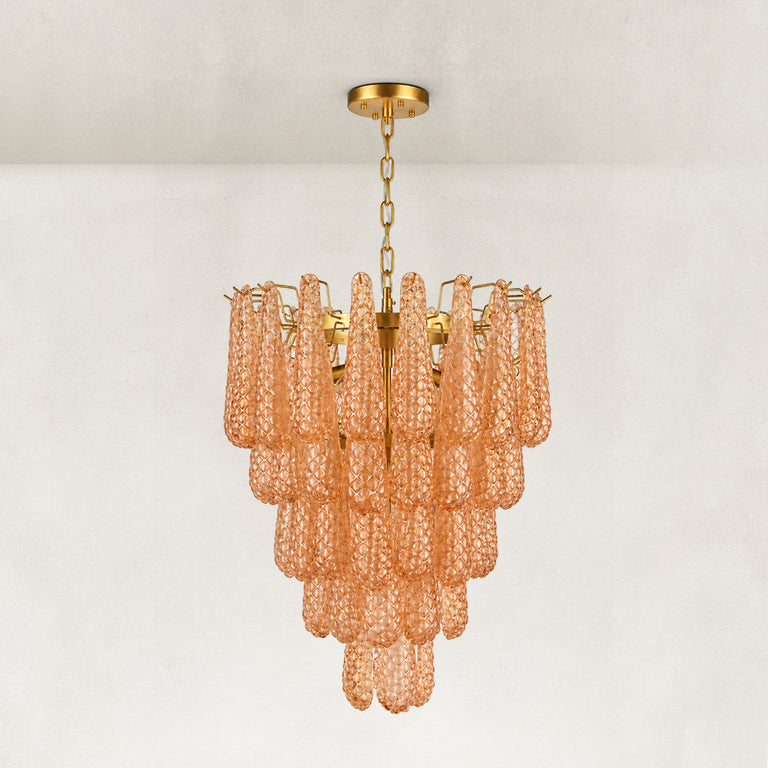 Amber textured glass cascade chandelier with Brass-finish hardware, shown as a complete fixture