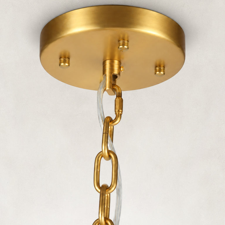 Brass-finish ceiling canopy and suspension connection detail