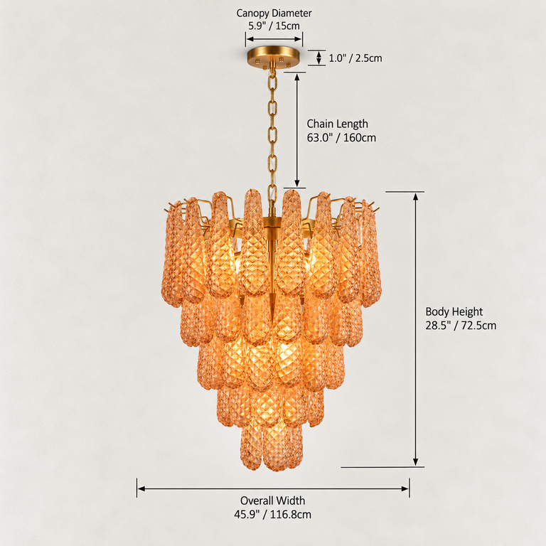 Dimension diagram for the Amber glass chandelier, showing body, chain and canopy measurements