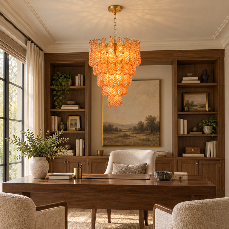 Amber textured glass cascade chandelier shown in a furnished interior