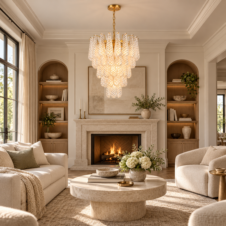 Clear textured glass cascade chandelier shown in a furnished interior