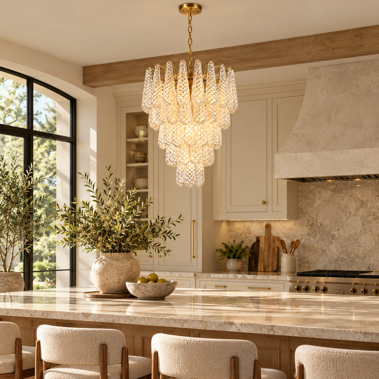 Clear textured glass cascade chandelier shown in a furnished interior