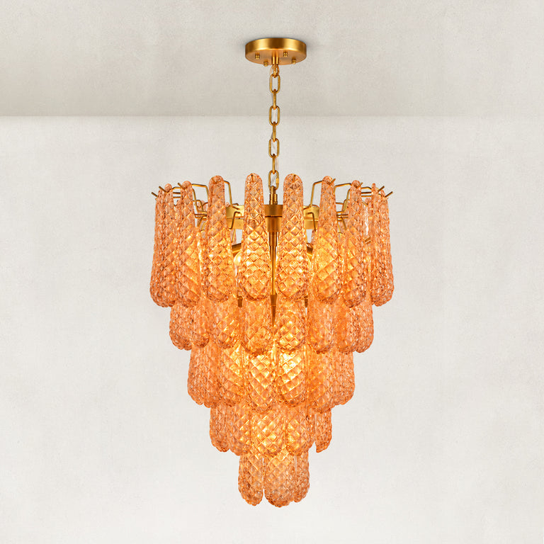 Amber textured glass cascade chandelier with Brass-finish hardware, shown as a complete fixture