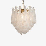 Textured teardrop glass chandelier with copper-colored arms, illuminated against a white background