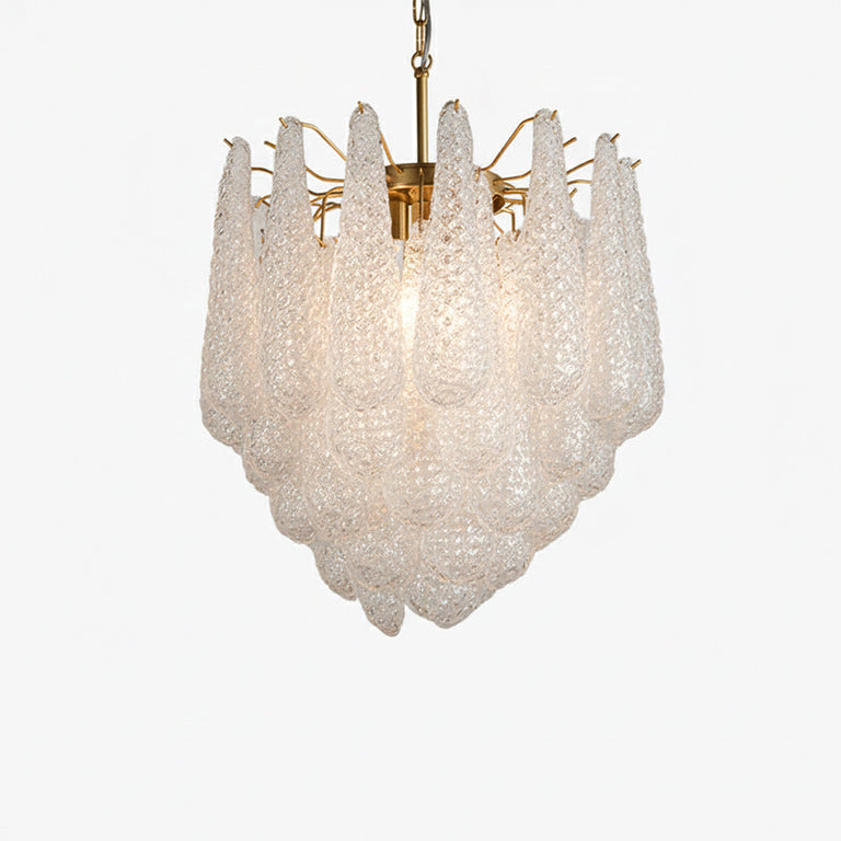 Textured teardrop glass chandelier with copper-colored arms, illuminated against a white background