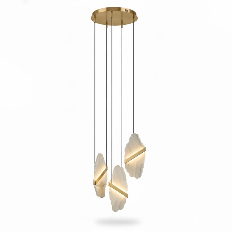 Three illuminated alabaster slabs with gold-colored bands suspended from a round canopy