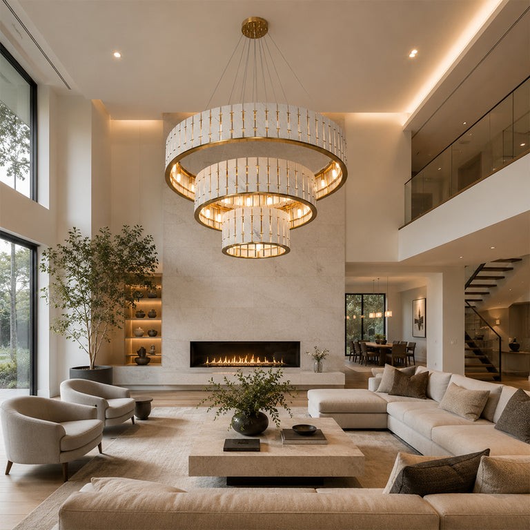 Three-Tier Marble Ring Chandelier 49.2" displayed in a furnished living room