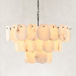 Illuminated three-tier scalloped alabaster chandelier with black fittings