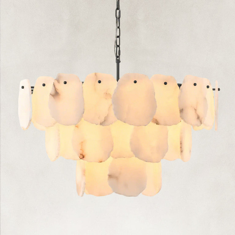 Illuminated three-tier scalloped alabaster chandelier with black fittings