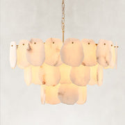 Illuminated three-tier scalloped alabaster chandelier with brass-finish fittings