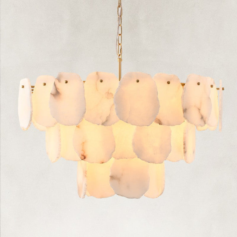 Illuminated three-tier scalloped alabaster chandelier with brass-finish fittings