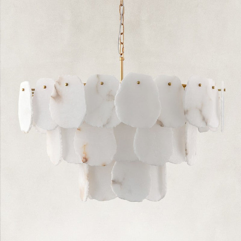 Unlit three-tier scalloped alabaster chandelier with brass-finish fittings