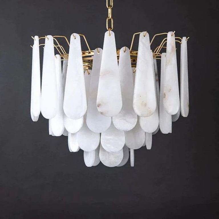 Front of the chandelier's overlapping alabaster panels.