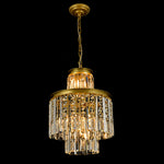 Compact gold-tone tiered crystal drum chandelier lit against a black background.