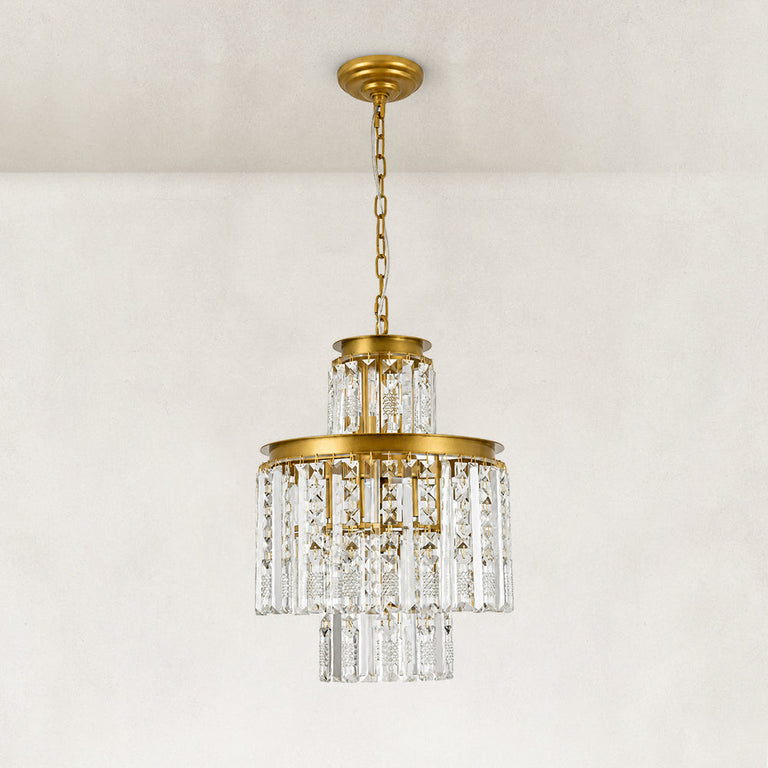 Compact tiered crystal drum chandelier in a complete unlit product view.