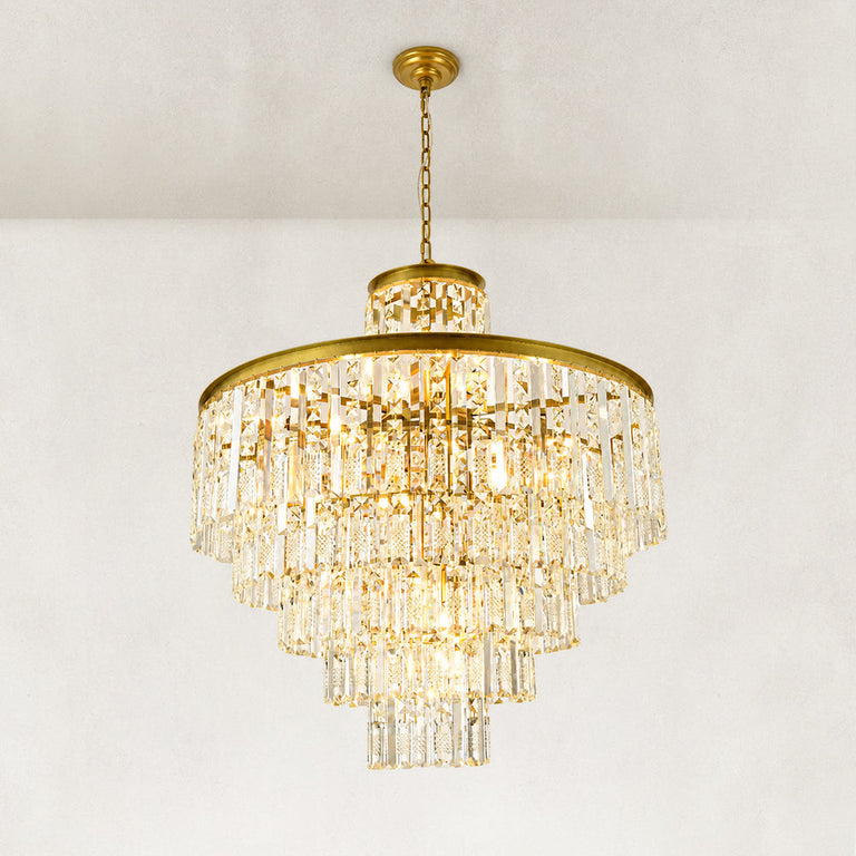 Illuminated tiered crystal drum chandelier, full angled product view.