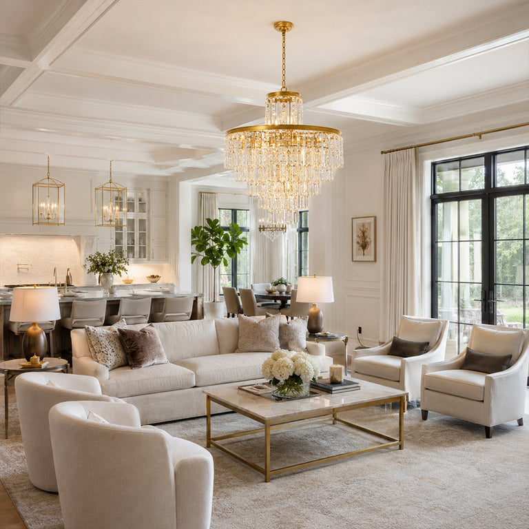 Tiered crystal drum chandelier in a bright living room beside an open kitchen.