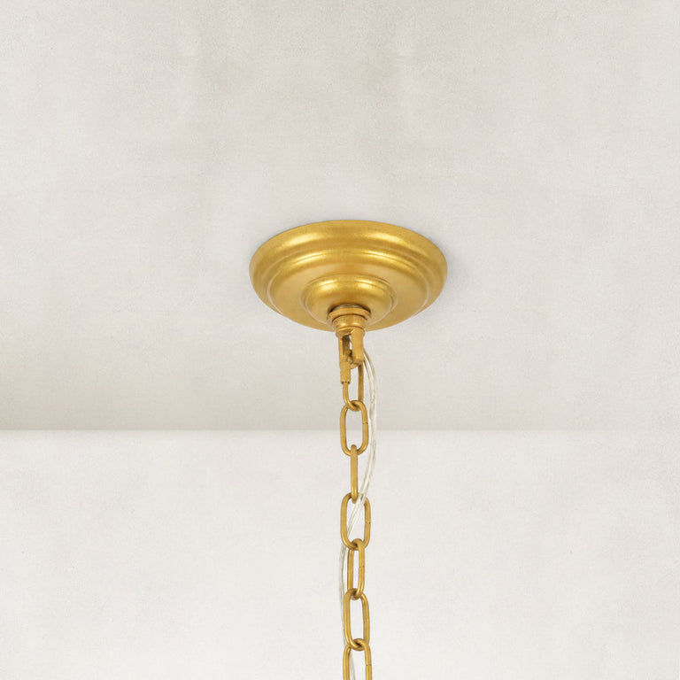 Crystal drum chandelier, round gold-tone ceiling canopy and chain.