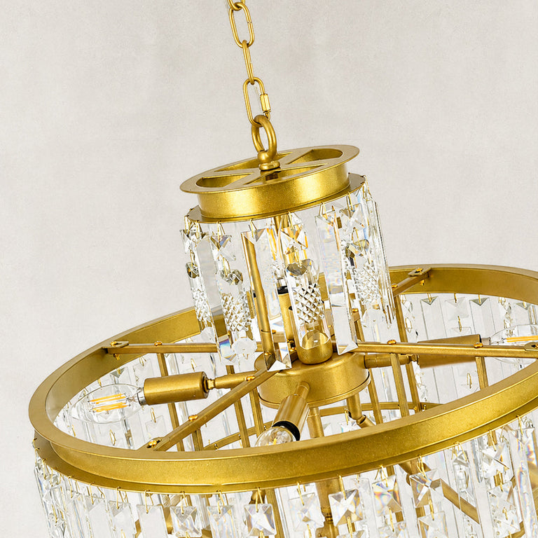 Tiered crystal drum chandelier, upper cage and open frame from above.