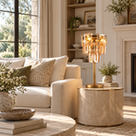 Amber crystal table lamp shown in a furnished interior