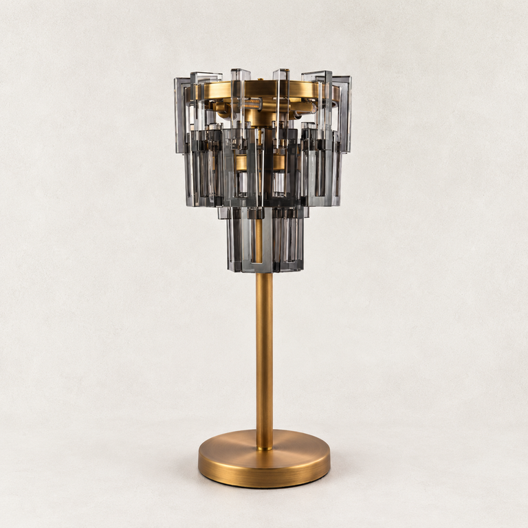 Smoke crystal table lamp with Brass-finish hardware, shown as a complete fixture