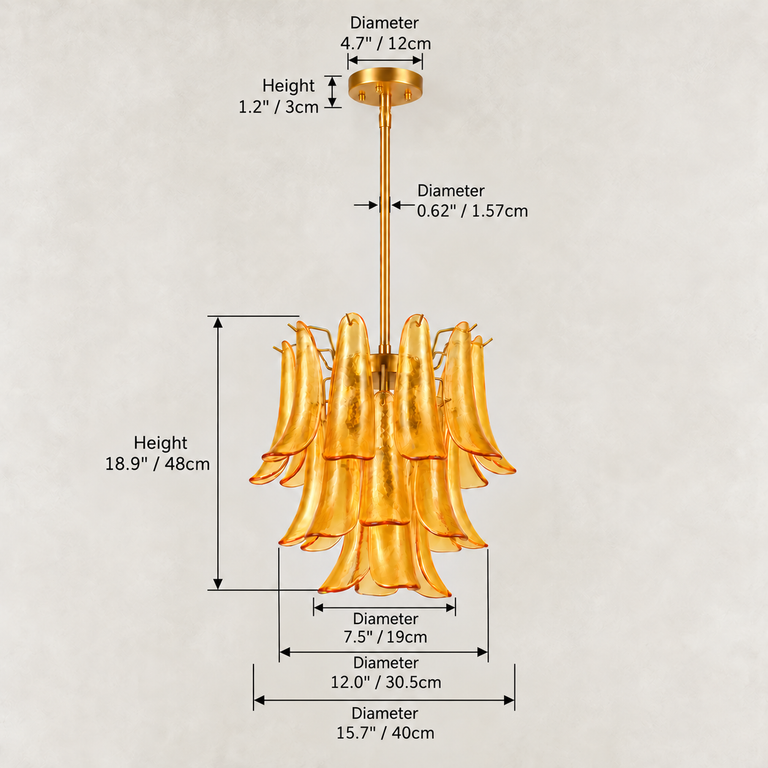 Dimensions of the tiered curved glass chandelier