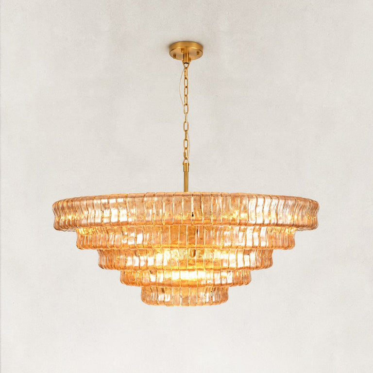 Tiered Fluted Glass Chandelier in Amber Glass - complete fixture
