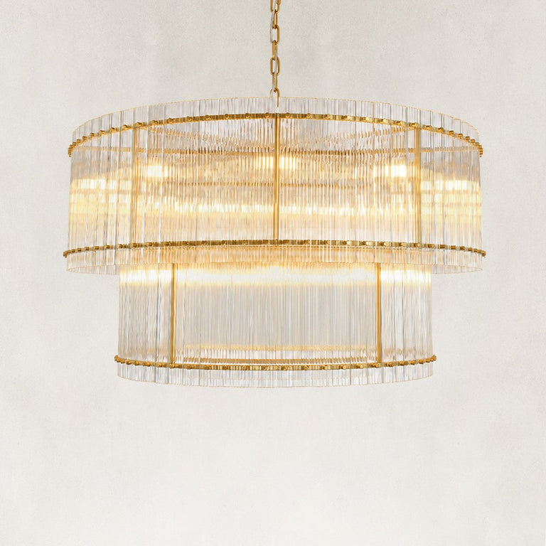 Tiered Fluted Glass Rod Drum Chandelier in Aged Brass - alternate angle