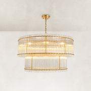Tiered Fluted Glass Rod Drum Chandelier in Aged Brass - complete fixture