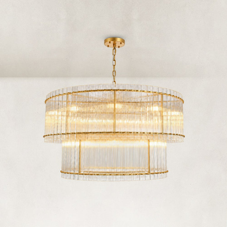 Tiered Fluted Glass Rod Drum Chandelier in Aged Brass - complete fixture
