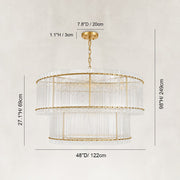 Tiered Fluted Glass Rod Drum Chandelier in Aged Brass - dimension diagram