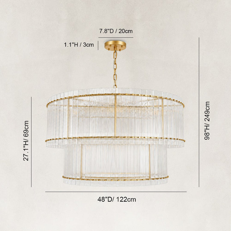 Tiered Fluted Glass Rod Drum Chandelier in Aged Brass - dimension diagram
