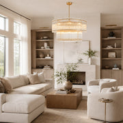 Tiered Fluted Glass Rod Drum Chandelier in Aged Brass - interior setting