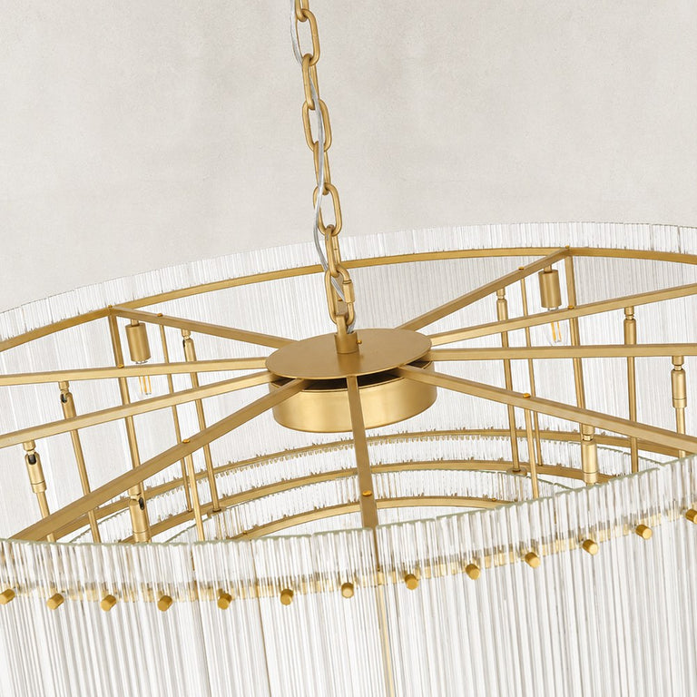 Tiered Fluted Glass Rod Drum Chandelier in Aged Brass - material detail