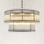 Tiered Fluted Glass Rod Drum Chandelier in Matte Black - alternate angle